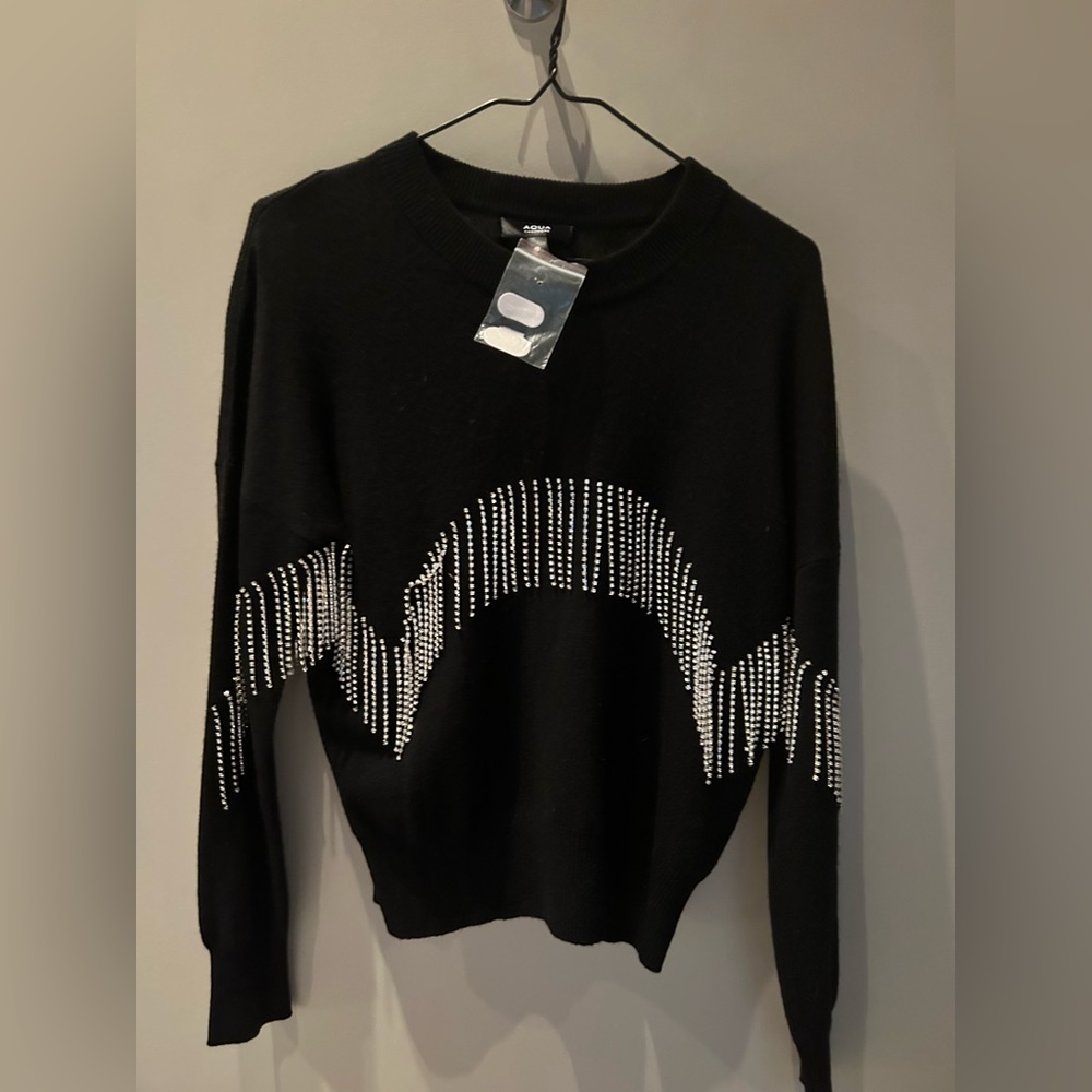 NWT Aqua Cashmere Sweater w Rhinestone Embellishments, black size XS